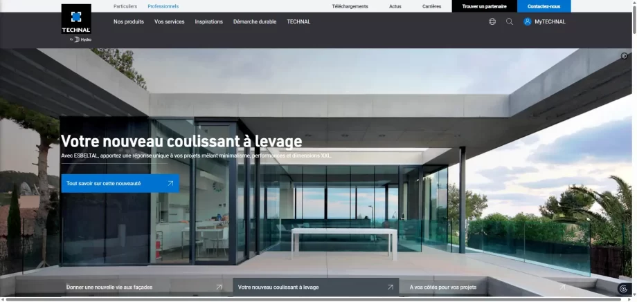 Technal France 2026 homepage featuring Hydro CIRCAL low-carbon aluminum solutions.