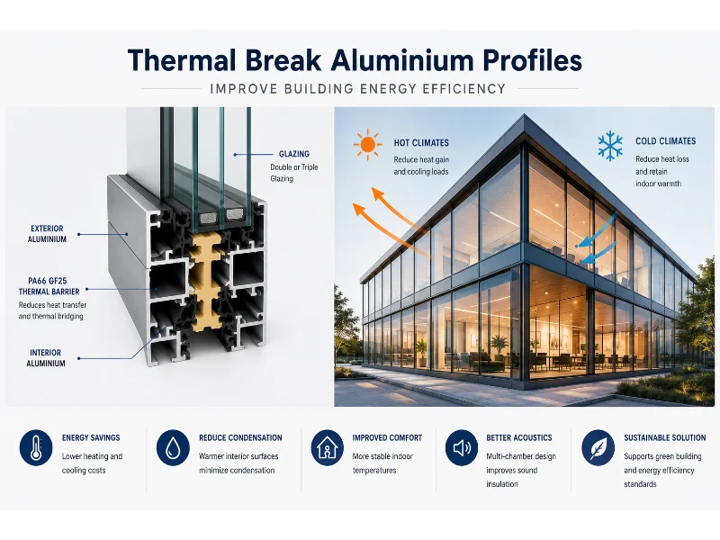 Thermal break aluminium profile with PA66 GF25 thermal barrier used in energy-efficient windows, doors and curtain wall systems.