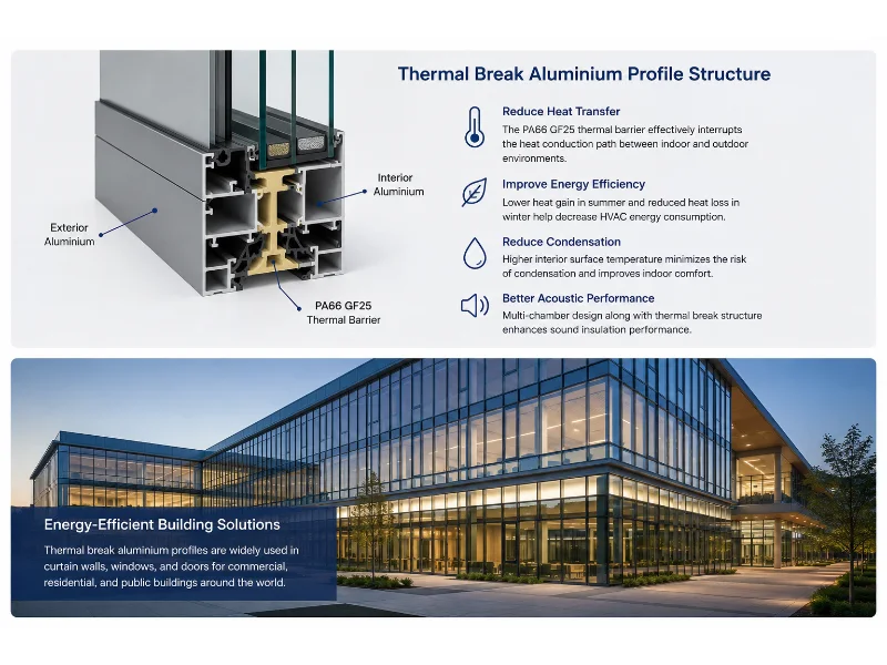Cross-section of a thermal break aluminium profile with PA66 GF25 polyamide thermal barrier used in energy-efficient windows, doors and curtain wall systems.