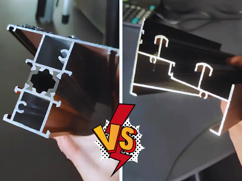 Comparación en paralelo de un perfil de ventana de aluminio con rotura de puente térmico (izquierda) con un perfil de aluminio sin rotura de puente térmico (derecha), que muestra una banda continua de poliamida con rotura de puente térmico para el aislamiento térmico.