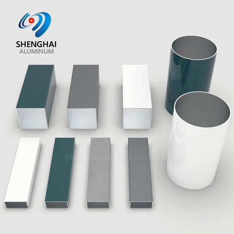 Various thin-wall aluminum hollow tubes in round and square shapes, displaying different surface finishes like anodizing and powder coating, suitable for industrial OEM extrusion.
