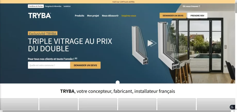 Tryba France 2026 retail site highlighting triple-glazing security and high-efficiency deep processing standards.