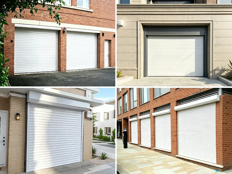 White aluminum roller shutter doors installed on commercial storefronts and residential garages.