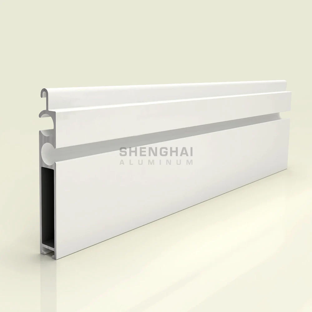 White extruded aluminum roller shutter profile with internal rib and round channel design.